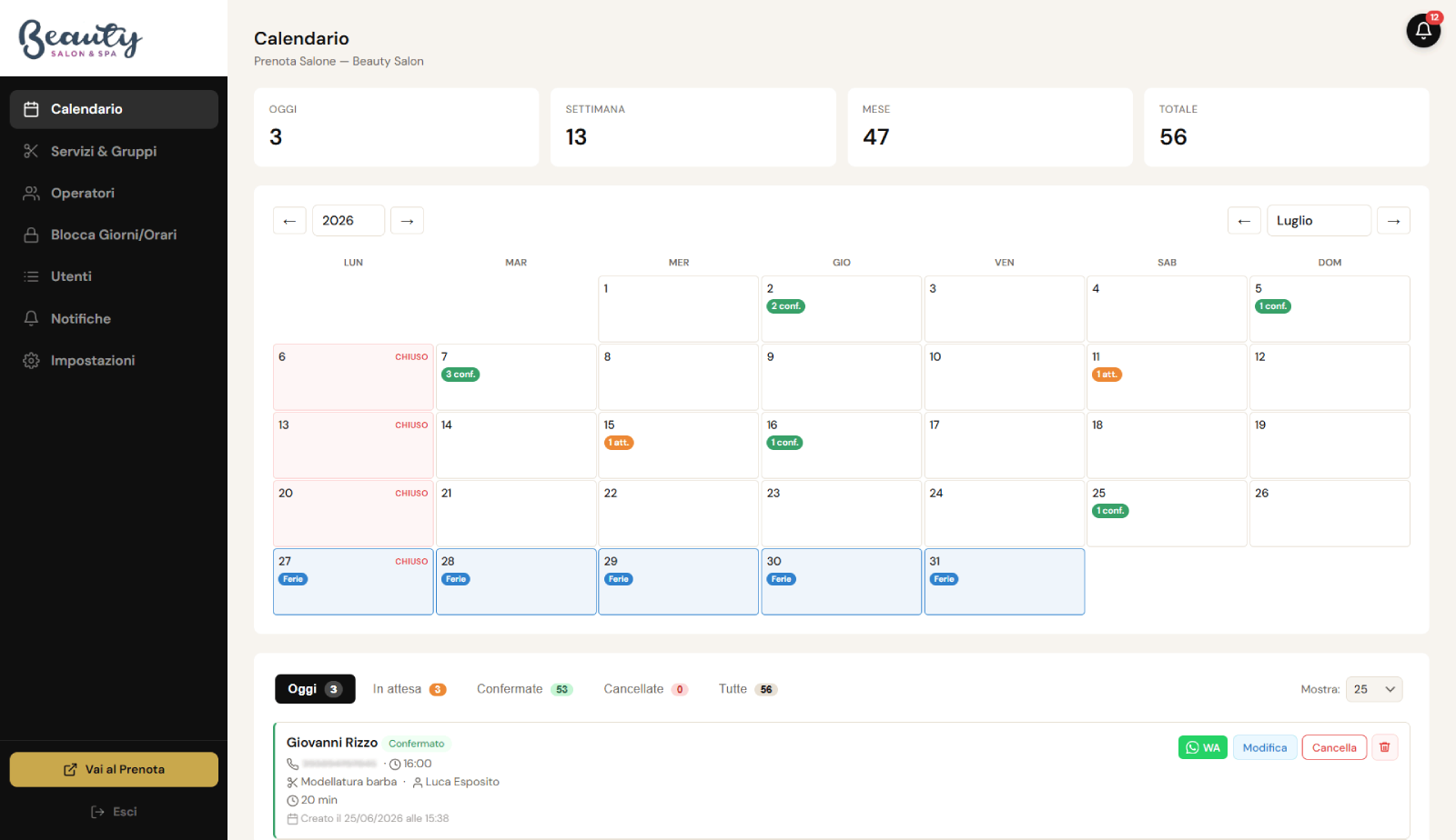 Calendario admin Prenota Salone