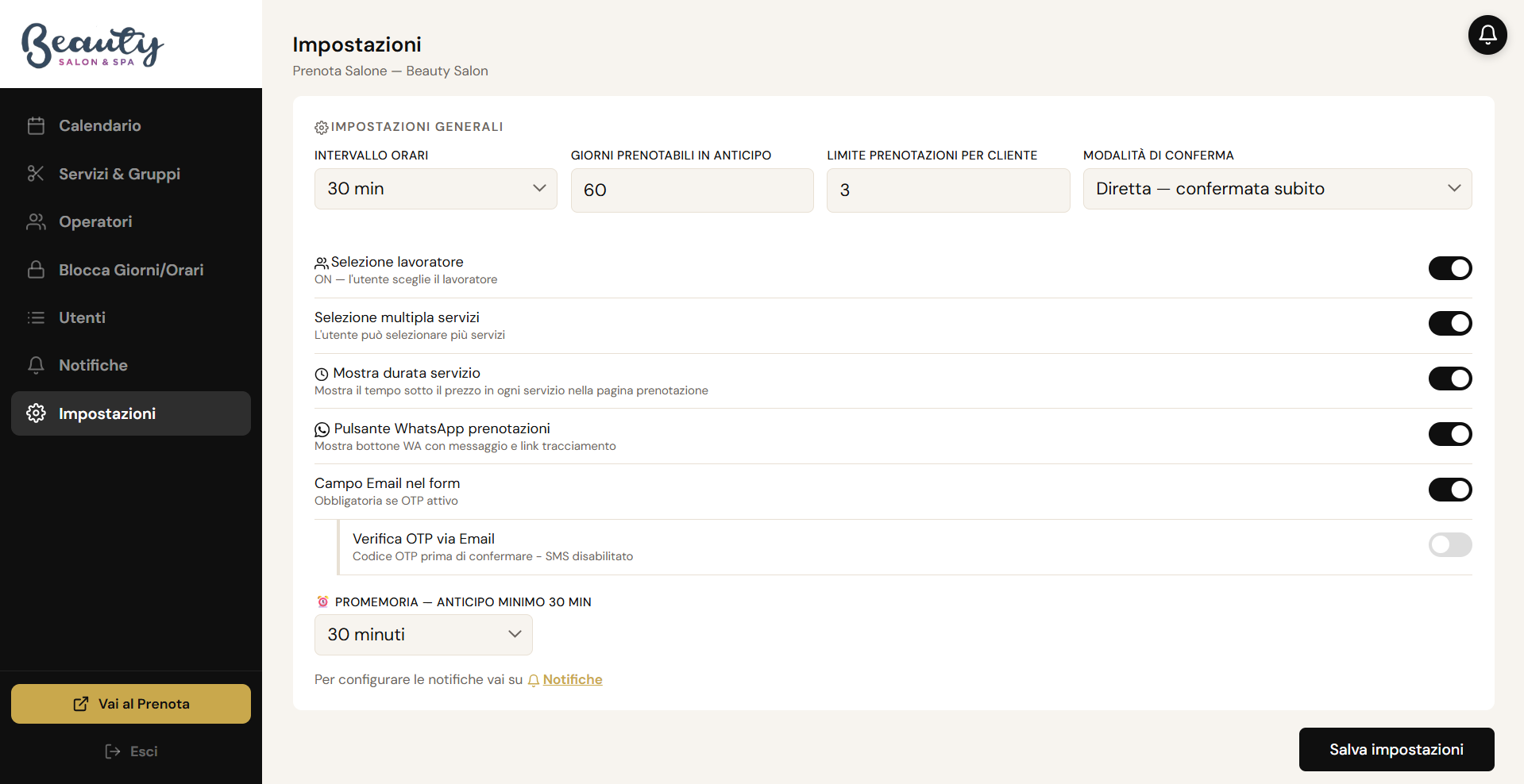 Impostazioni avanzate toggle
