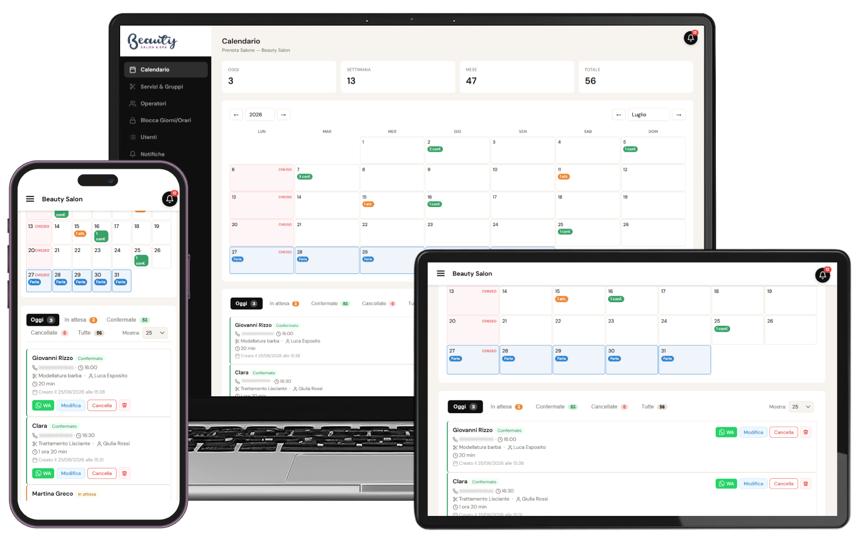 Dashboard Prenota Salone — Calendario prenotazioni